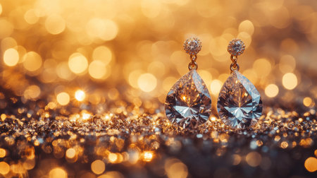 Exquisite drop earrings featuring sparkling diamonds set against a stunning golden background that enhances their beauty and elegance. Perfect for fashion shoots.の素材