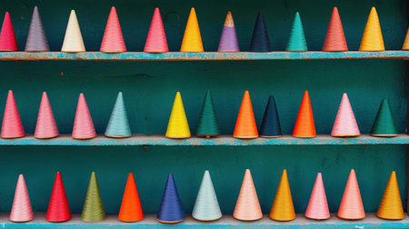An eye-catching arrangement of colorful yarn cones on a rustic wooden shelf showcases various hues and textures, ideal for textile crafters and designers seeking inspiration.の素材