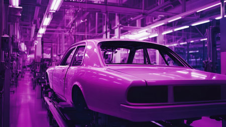 This image showcases a car in a futuristic manufacturing facility with neon purple lighting, highlighting modern production techniques and innovative technology.の素材