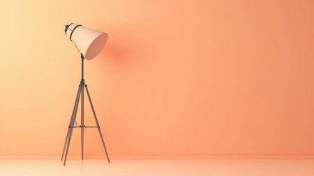 This image features a sleek tripod floor lamp with a soft shade, set against a warm peach wall, creating a modern and inviting ambiance perfect for any interior.の素材