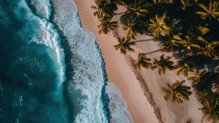 This stunning aerial view captures a tropical beach with gentle waves lapping against the shore, surrounded by lush palm trees and golden sand.の素材