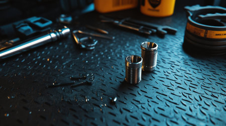 A detailed close-up showcasing precision metal parts and various tools arranged on a dark textured surface, ideal for themes of engineering and craftsmanship.の素材