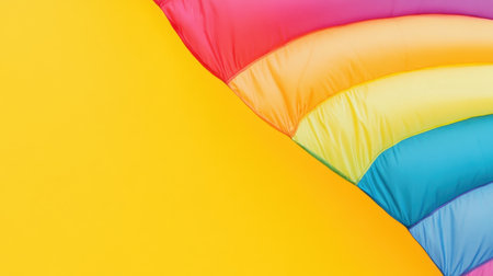 This image showcases a vibrant, colorful fabric draped in rainbow hues set against a bright yellow background, conveying feelings of warmth and joy.の素材