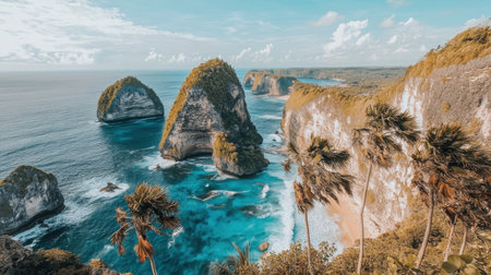 Experience a stunning coastal vista featuring remarkable limestone formations, crystal-clear waters, and lush palm trees under a bright sky, embodying tranquility.の素材