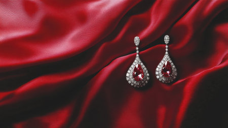Stunning diamond and ruby earrings elegantly displayed on a rich red satin fabric background. This luxurious composition highlights the jewelry's intricate design and sparkle.の素材