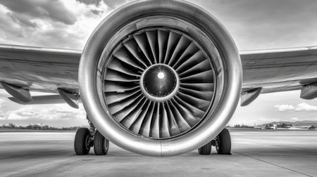 This striking monochrome image captures a close-up of a jet engine turbine, showcasing intricate fan blades and mechanical details against a cloudy sky.の素材