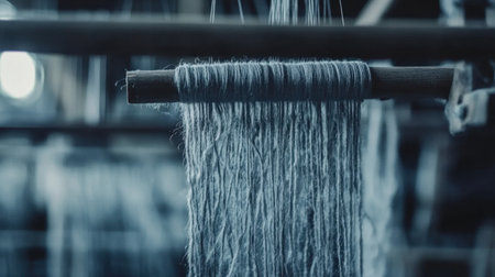 A detailed close-up of soft wool thread hanging in a traditional textile workshop, showcasing the intricate craftsmanship and natural materials used in weaving.の素材