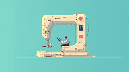 Unique illustration of a robotic sewing machine operated by a human, blending technology and craftsmanship in a minimalist design. Perfect for exploring innovation.の素材