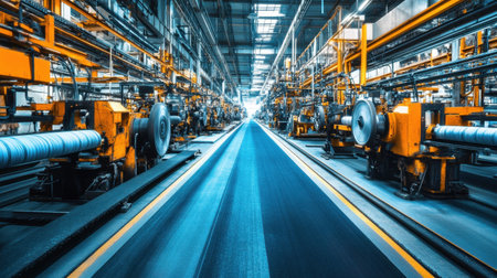 A wide-angle view of an industrial production line inside a modern factory, showcasing advanced machinery and bright lighting systems.の素材