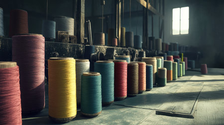 A captivating scene of colorful spools of thread lined up in an industrial sewing workshop, illuminated by soft morning light that enhances the vibrant hues and textures.の素材