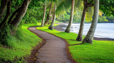 A picturesque coastal pathway meanders through lush greenery and palm trees leading to a tranquil beach, perfect for relaxation and escape.の素材