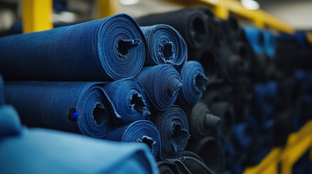 A vivid display of blue and black denim fabric rolls stacked in a warehouse, showcasing high-quality materials for fashion and upholstery applications.の素材