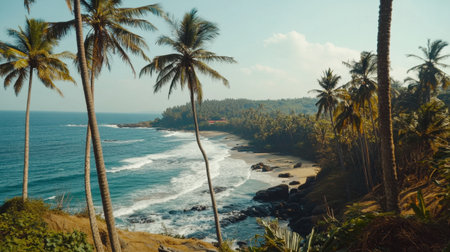 A breathtaking coastal landscape showcasing palm trees swaying gently by the ocean waves, with a sandy shore and tranquil atmosphere. Perfect for travel themes.の素材