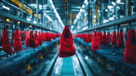 A vibrant image of red sweaters hanging in a high-tech garment factory, showcasing modern manufacturing techniques and streamlined production processes.の素材