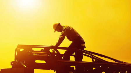 A silhouette of a construction worker on top of a steel structure during sunset, with a vibrant yellow sky creating a dramatic backdrop, emphasizing hard work and diligence.の素材