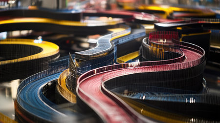 This striking image features a colorful abstract model showcasing curving roads and tracks, perfect for design projects and creative concepts.の素材