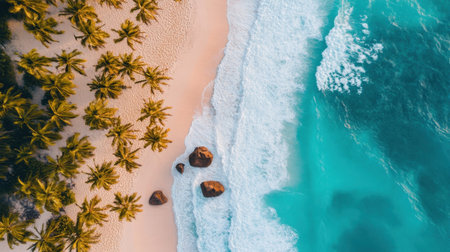 An expansive aerial view captures a stunning tropical beach adorned with lush palm trees, gentle waves lapping at the soft sand, and clear blue water.の素材