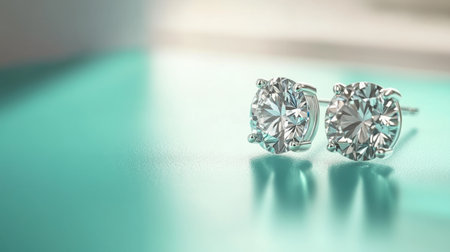 Stunning round cut diamond earrings elegantly displayed on a soft turquoise surface, showcasing their brilliance and luxurious appeal in a beautiful setting.の素材