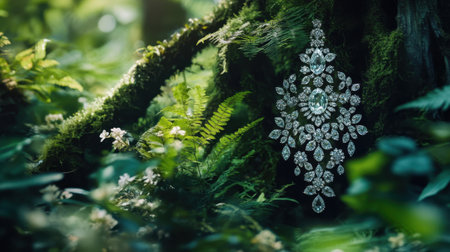 A stunning display of jewelry featuring sparkling gems is elegantly draped among lush green foliage, creating a captivating blend of nature and luxury.の素材