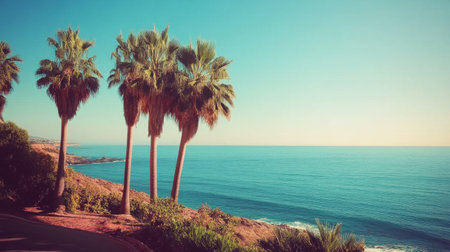 A picturesque coastal scene featuring tall palm trees lining a pathway, offering a breathtaking view of a calm ocean under a clear blue sky.の素材