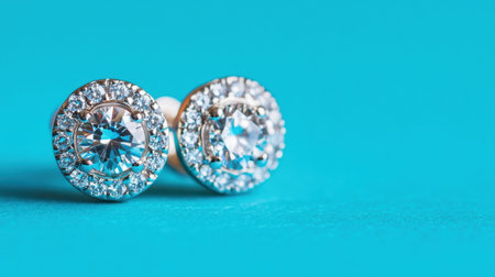 This image showcases a stunning pair of diamond stud earrings set against a vibrant blue background, ideal for fashion and jewelry promotions.の素材