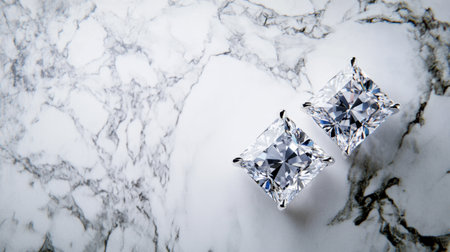 Discover stunning square cut diamonds resting beautifully on a sleek marble surface, emphasizing their clarity and brilliance amidst an elegant backdrop.の素材