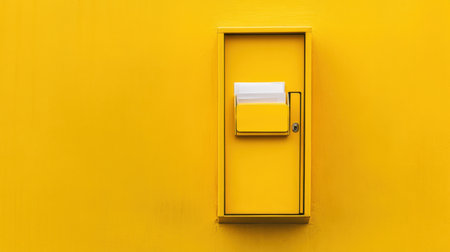 A vibrant yellow mailbox mounted on a matching wall creates a striking visual appeal. This image is perfect for urban design, minimalism, and modern aesthetics.の素材