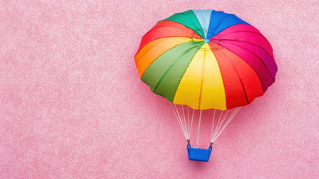A vibrant and colorful rainbow parachute rests against a soft pink background, creating a playful and whimsical atmosphere perfect for designs centered around adventure and fun.の素材