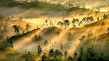 Experience the beauty of a serene sunrise over misty hills, where golden light streams through majestic trees, creating a tranquil natural scene.の素材