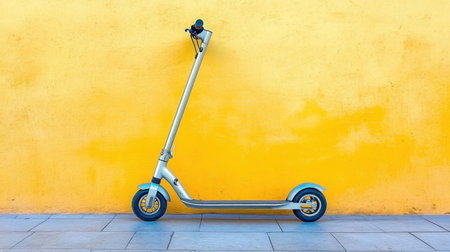 A sleek scooter stands against a striking yellow wall, embodying modern mobility and vibrant urban lifestyle. Perfect for leisure and adventure.の素材