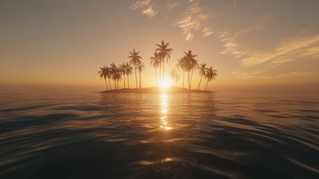 A tranquil scene of a sunset illuminating a tropical island surrounded by calm ocean water. Silhouetted palm trees create a picturesque landscape, evoking feelings of peace and relaxation.の素材