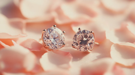 A stunning pair of elegant rose gold earrings featuring sparkling stones rests delicately on a bed of soft pink petals, creating a romantic and luxurious feel.の素材