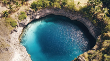 This stunning aerial view captures a serene blue water sinkhole nestled among lush tropical greenery and rocky formations, reflecting the clear sky.の素材
