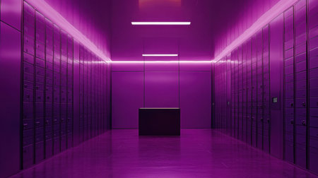 This image showcases a vibrant purple interior of a modern storage facility, featuring sleek lockers and striking lighting, creating a unique atmosphere.の素材