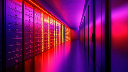 A captivating corridor featuring sleek storage units illuminated by vibrant neon lights, creating a futuristic ambiance perfect for modern design enthusiasts.の素材