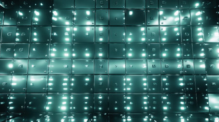 This striking digital wall features bright squares that illuminate the space, creating a modern and futuristic background ideal for technology concepts.の素材