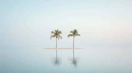 A tranquil scene featuring two palm trees standing on a small island, reflecting beautifully in calm waters at sunset, perfect for evoking peace and relaxation.の素材
