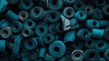 An artistic display of fabric rolls in various shades of teal and turquoise, showcasing rich textures and colors that inspire creativity and design projects.の素材
