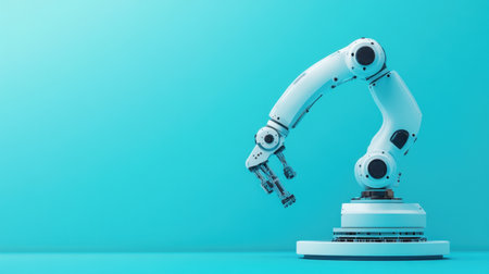 A sleek robotic arm stands prominently against a minimalist blue backdrop, showcasing the future of automation and technological innovation in various industries.の素材