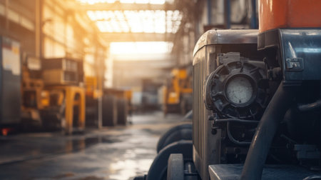 A close-up view of industrial machinery in a spacious warehouse, showcasing a power pump with soft natural light illuminating the environment, revealing reflections.の素材