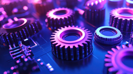 This image showcases a vibrant arrangement of industrial gears illuminated by neon lighting, offering a futuristic and abstract aesthetic suitable for technology themes.の素材