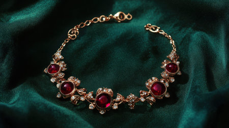 This exquisite bracelet features beautiful rubies and sparkling diamonds, elegantly displayed against a backdrop of rich green velvet, capturing timeless beauty.の素材