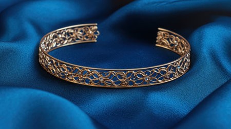 This stunning gold bracelet features an intricate design that embodies elegance, resting gracefully on a luxurious blue silk fabric backdrop. Perfect for showcasing sophistication.の素材
