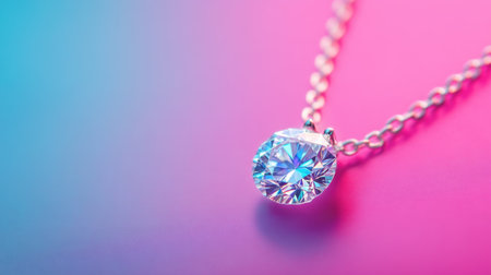 A stunning close-up image of a sparkling diamond pendant on a delicate silver chain, set against a vibrant gradient background, showcasing elegance and luxury.の素材