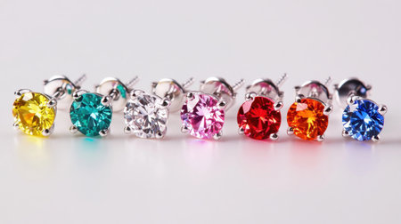 This stunning image showcases a collection of colorful stud earrings featuring vibrant gems set in elegant silver. Perfect for fashion lovers!の素材