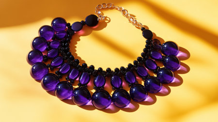 This striking jewelry necklace features vibrant purple beads accented with sleek black elements, beautifully presented against a bright yellow background.の素材