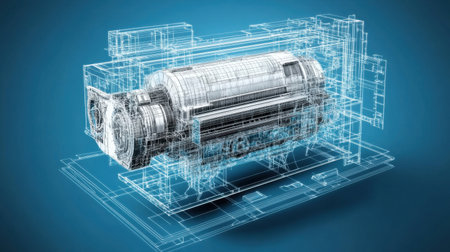 Explore a detailed 3D rendering of an industrial machine component, featuring a blueprint style design against a striking blue background.の素材
