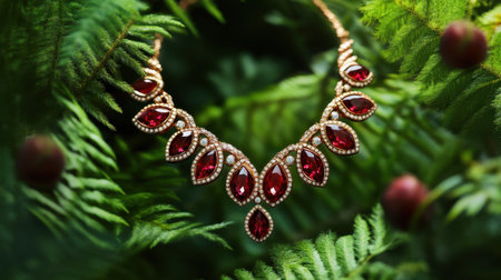 This stunning red gemstone necklace showcases exquisite craftsmanship, surrounded by vibrant green ferns, creating a captivating and luxurious visual effect.の素材