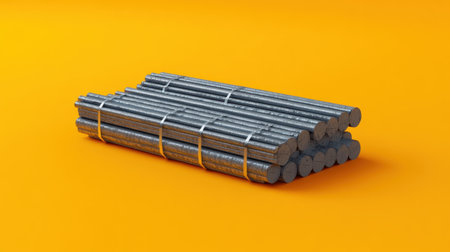 A stack of steel rods neatly bundled on a bright orange background, ideal for showcasing materials used in construction and manufacturing industries.の素材