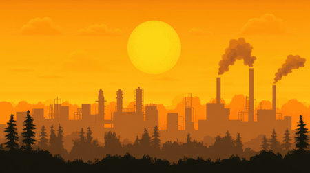 A vibrant industrial landscape features silhouetted factories and smokestacks against a dramatic sunset, highlighting the balance between nature and industry.の素材